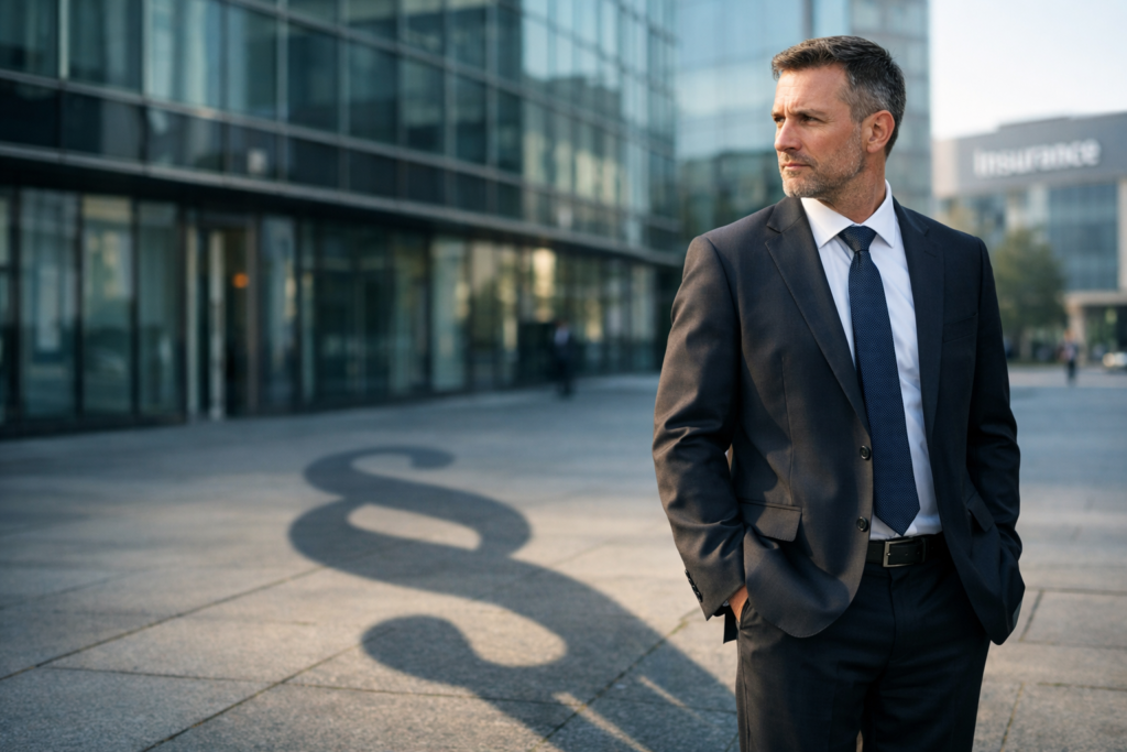 Unternehmer vor Firmengebäude mit Paragraphen-Schatten als Symbol für Arbeitgeberhaftung bei der betrieblichen Altersversorgung gemäß BetrAVG.