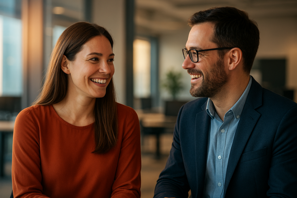 Führungskraft und Teammitglied beim Austausch, lachen gemeinsam