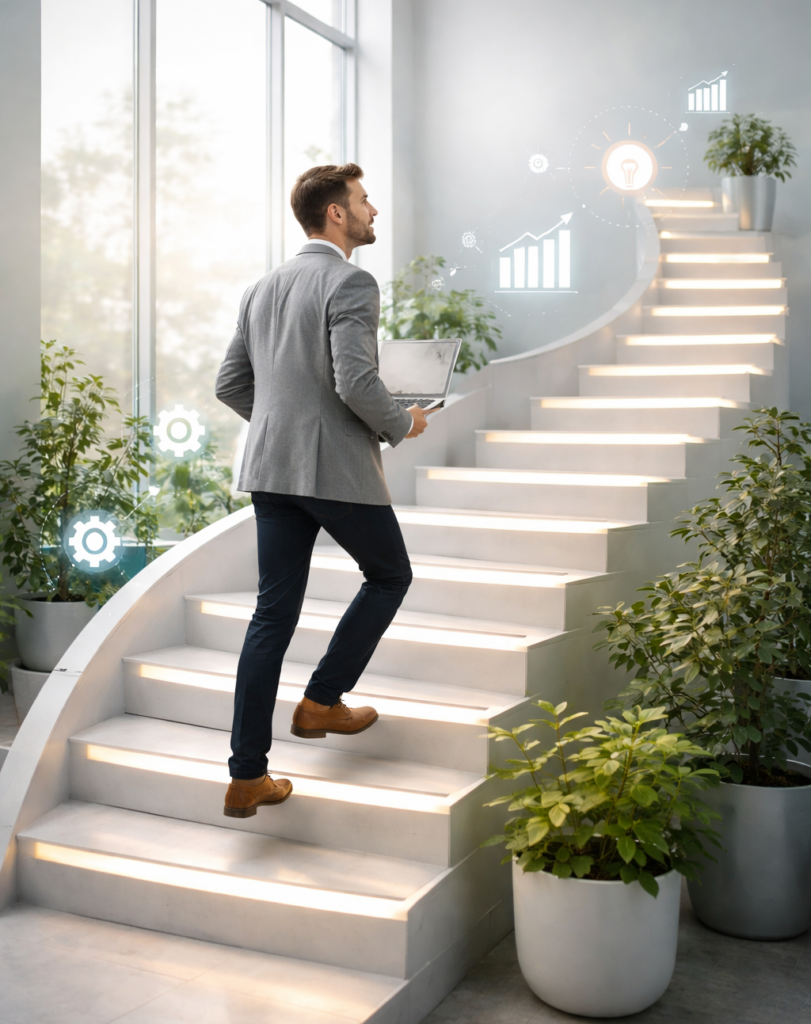 Berater geht eine moderne Treppe in einem hellen Büro hinauf, symbolisch für kontinuierliche Verbesserung und Fortschritt nach dem CANI-Prinzip.