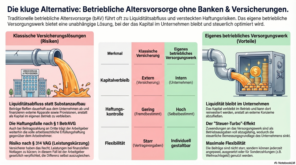 Tabellarischer Vergleich: Klassische Versicherungs-bAV (rot) mit dauerhaftem Kapitalabfluss, unkontrollierbarer Haftung und starren Verträgen – gegen eigenes Versorgungswerk RWB (grün) mit 100 Prozent Kapitalverbleib, voller Kontrolle und hoher Flexibilität.