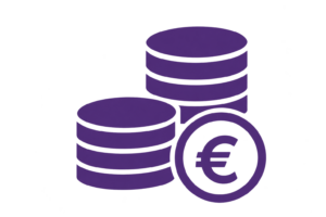 Violettes Münz-Icon mit Eurozeichen als Symbol für Kapital und finanziellen Wert.