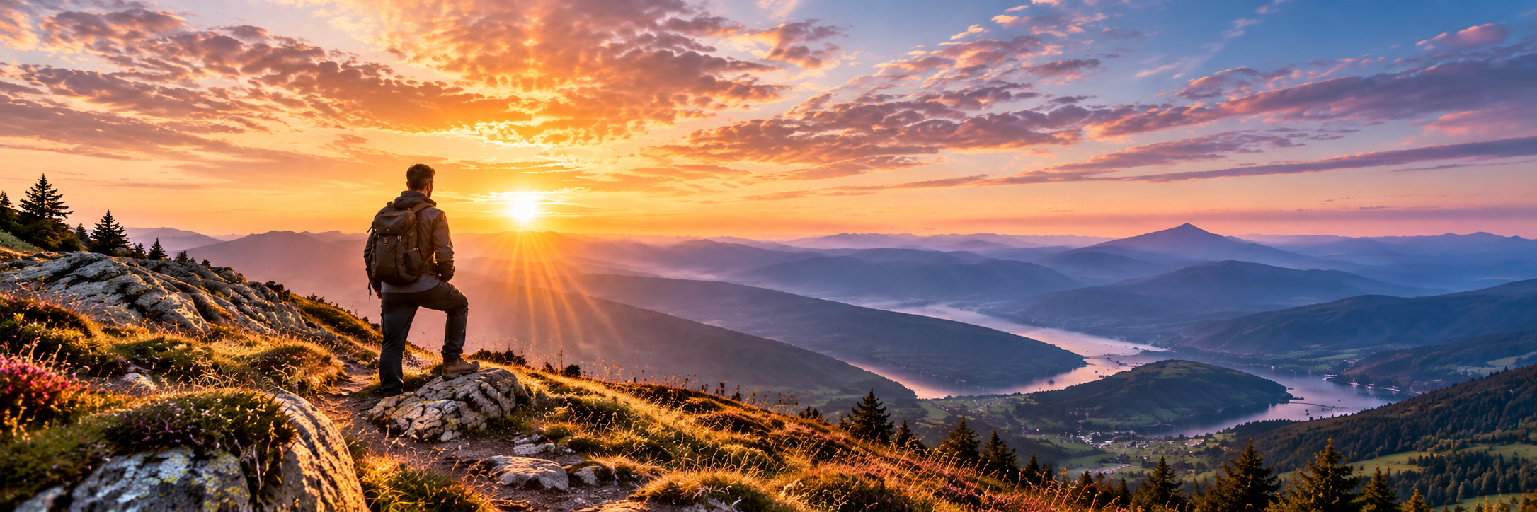 Unternehmer mit Rucksack blickt bei Sonnenaufgang über eine weite Berglandschaft.