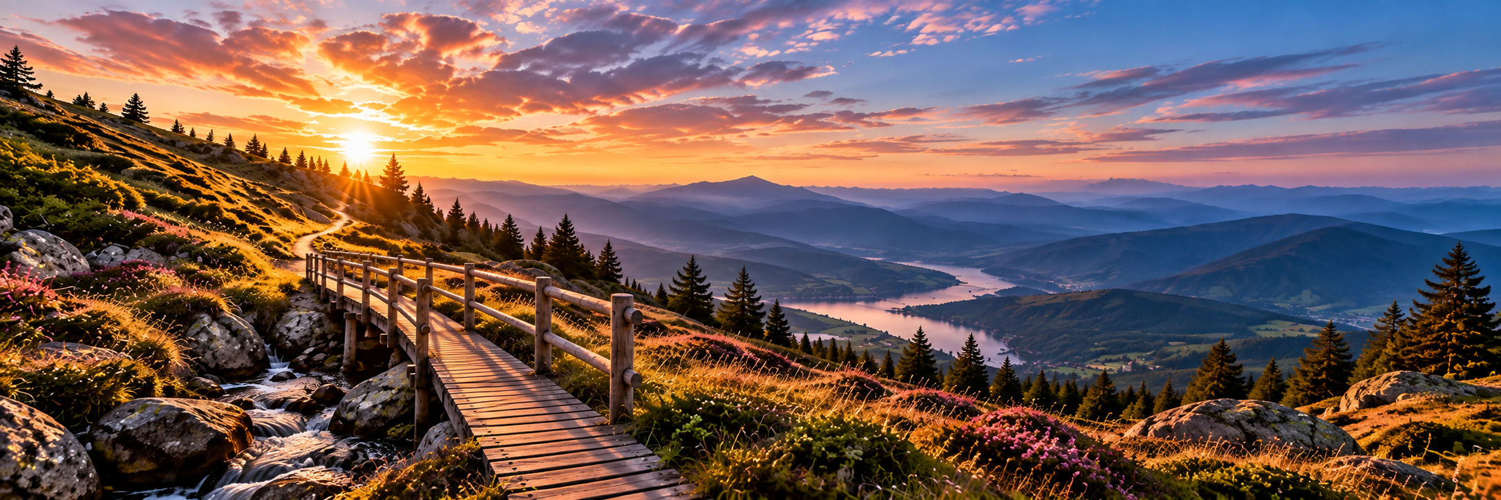 Holzbrücke führt bei Sonnenaufgang durch eine Berglandschaft mit weitem Blick ins Tal.