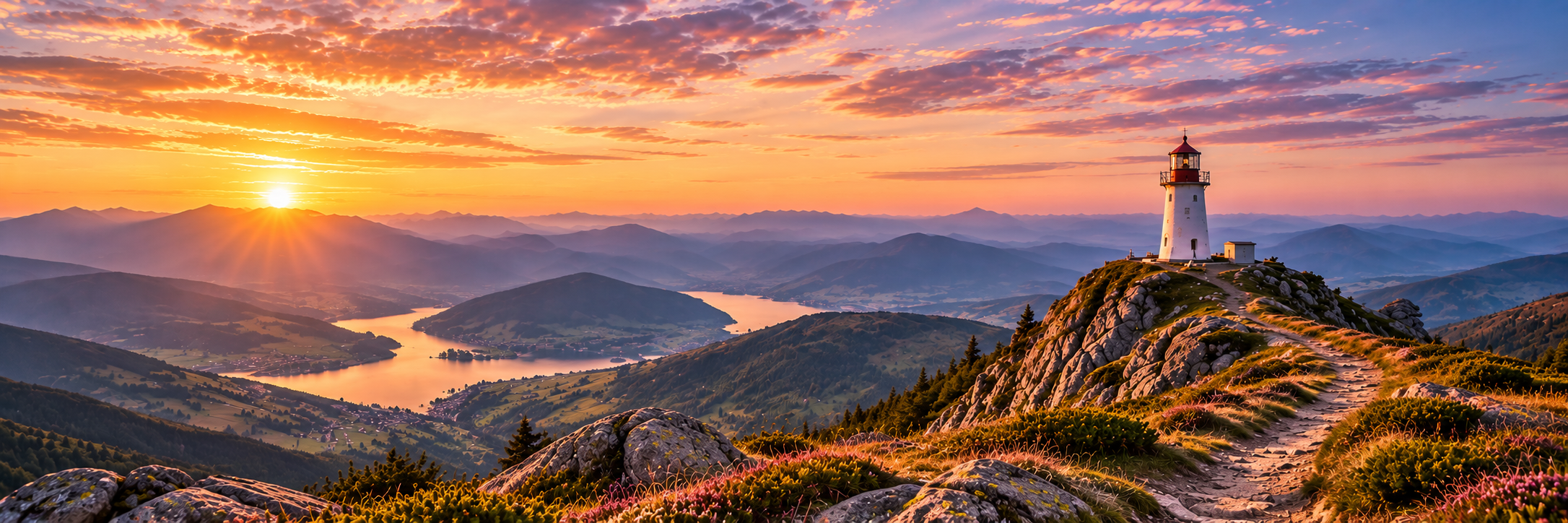 Leuchtturm auf einem Berggipfel bei Sonnenaufgang mit weitem Blick über eine Berg- und Seenlandschaft.