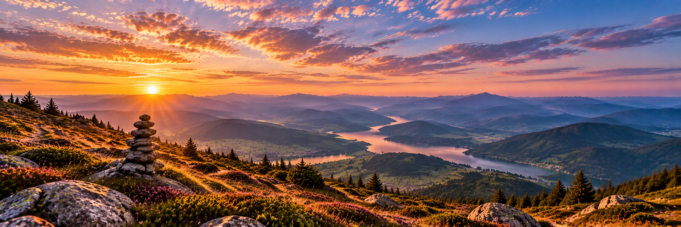 Steinmännchen in einer weitläufigen Berglandschaft bei Sonnenaufgang mit Blick über das Tal.