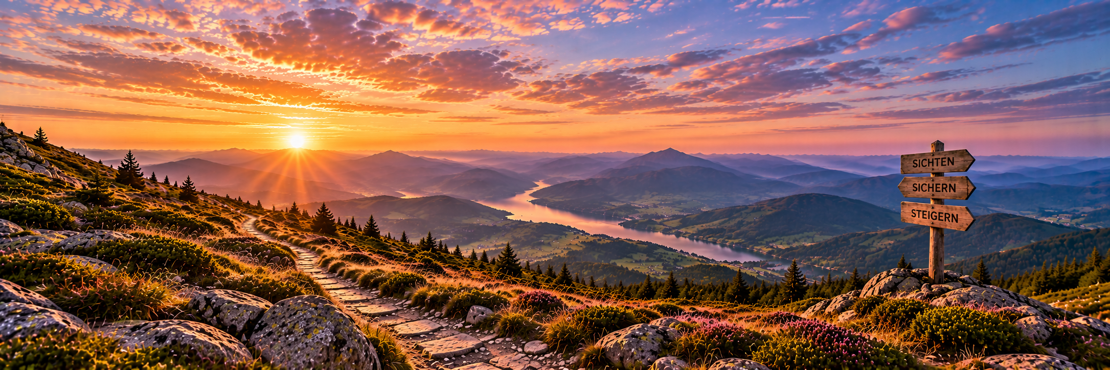 Wegweiser mit den drei Stationen Sichten, Sichern und Steigern in einer weitläufigen Berglandschaft bei Sonnenaufgang.