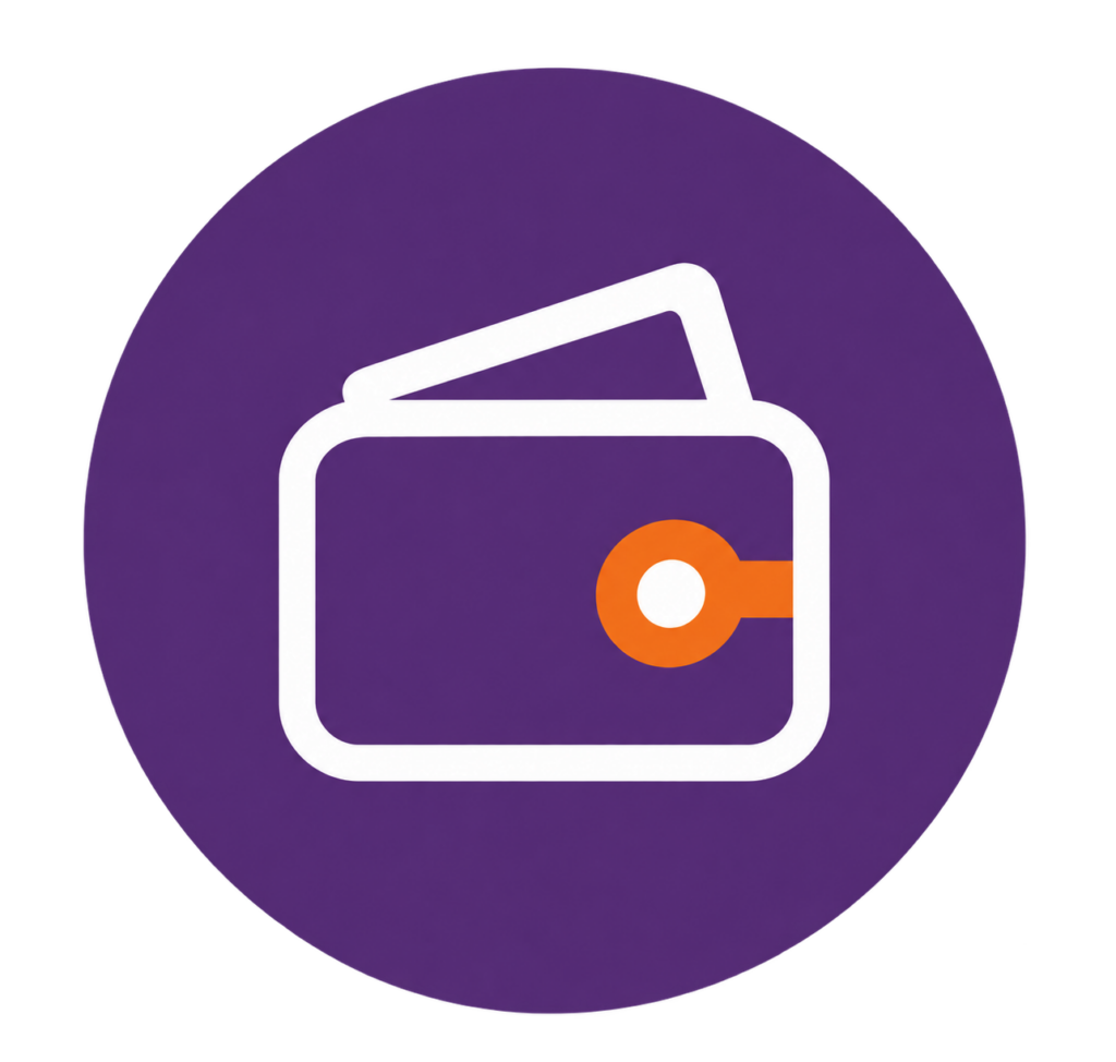 Lila Wallet-Symbol mit orangefarbenem Verschluss