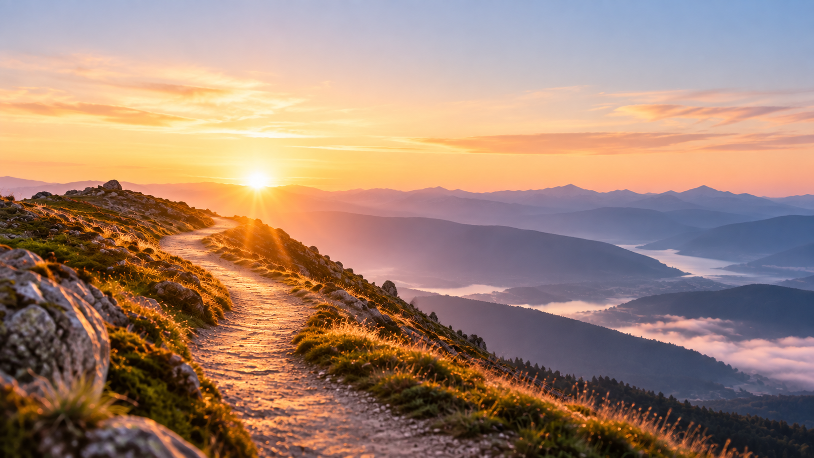 Bergweg im warmen Morgenlicht mit Blick über eine weite Berglandschaft.