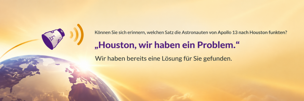 Illustration einer Raumkapsel über der Erde mit dem Hinweis „Houston, wir haben ein Problem“ und dem Lösungsversprechen der RWB eG.